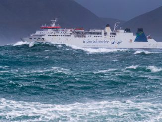 The Interislander ferry Aratere approaching the entrance to Wellington Harbour after crossing Cook Strait on the final ferry sailing of the day, due to large swells. 12 July  2017 New Zealand Herald Photograph by Mark Mitchell