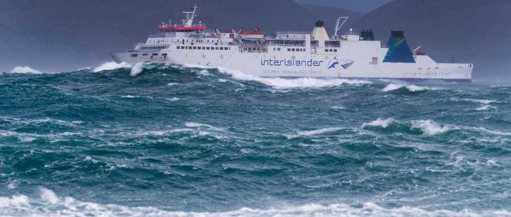 The Interislander ferry Aratere approaching the entrance to Wellington Harbour after crossing Cook Strait on the final ferry sailing of the day, due to large swells. 12 July  2017 New Zealand Herald Photograph by Mark Mitchell