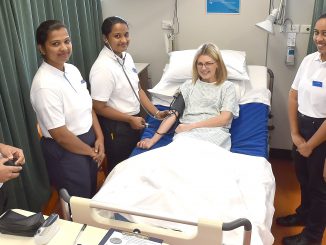 Shot in the arm . . . Indian nurses ready for placement in Dunedin roles Anjana Maria (left), Jismi Mohan, Varsha Shine Varghese, Susan Puthussery Varghese and Arya Kannakunnel Baby pose with Otago Polytechnic school of nursing administrator Sherie Bell at the polytechnic on Friday. PHOTO: GREGOR RICHARDSON